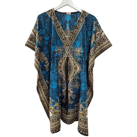Asha India Blue and Gold Patterned Kaftan Short Sleeve Boho Dress One Size - Picture 1 of 4